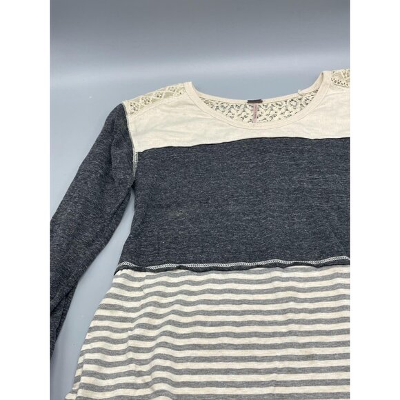 poof long sleeve shirt high low lace striped ivory gray boho cotton blend s armp - Picture 4 of 13